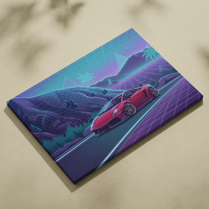 Lamborghini Gallardo Inspired Red Purple Canvas Wall Art, Neon Vaporwave Supercar Artwork for Mountain Road Garage Decor