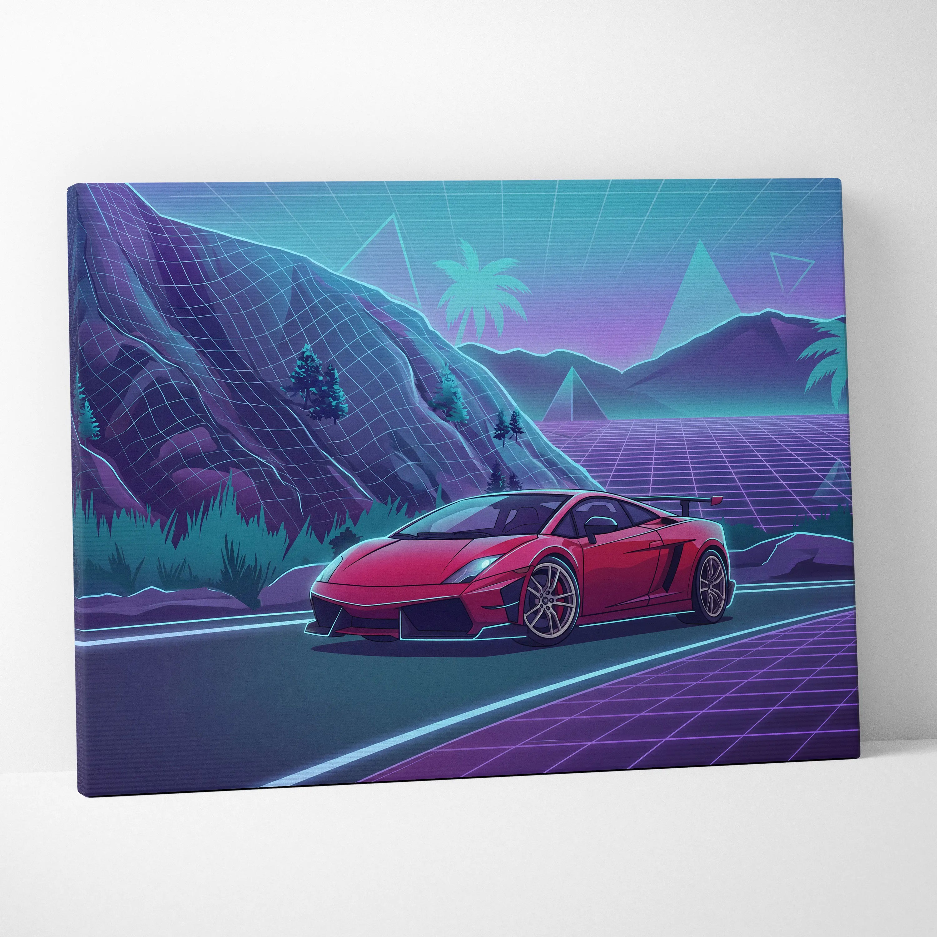 Lamborghini Gallardo Inspired Red Purple Canvas Wall Art, Neon Vaporwave Supercar Artwork for Mountain Road Garage Decor