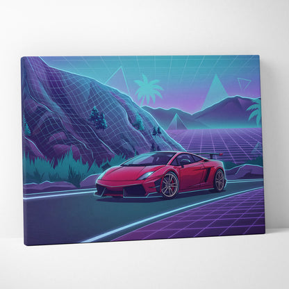 Lamborghini Gallardo Inspired Red Purple Canvas Wall Art, Neon Vaporwave Supercar Artwork for Mountain Road Garage Decor