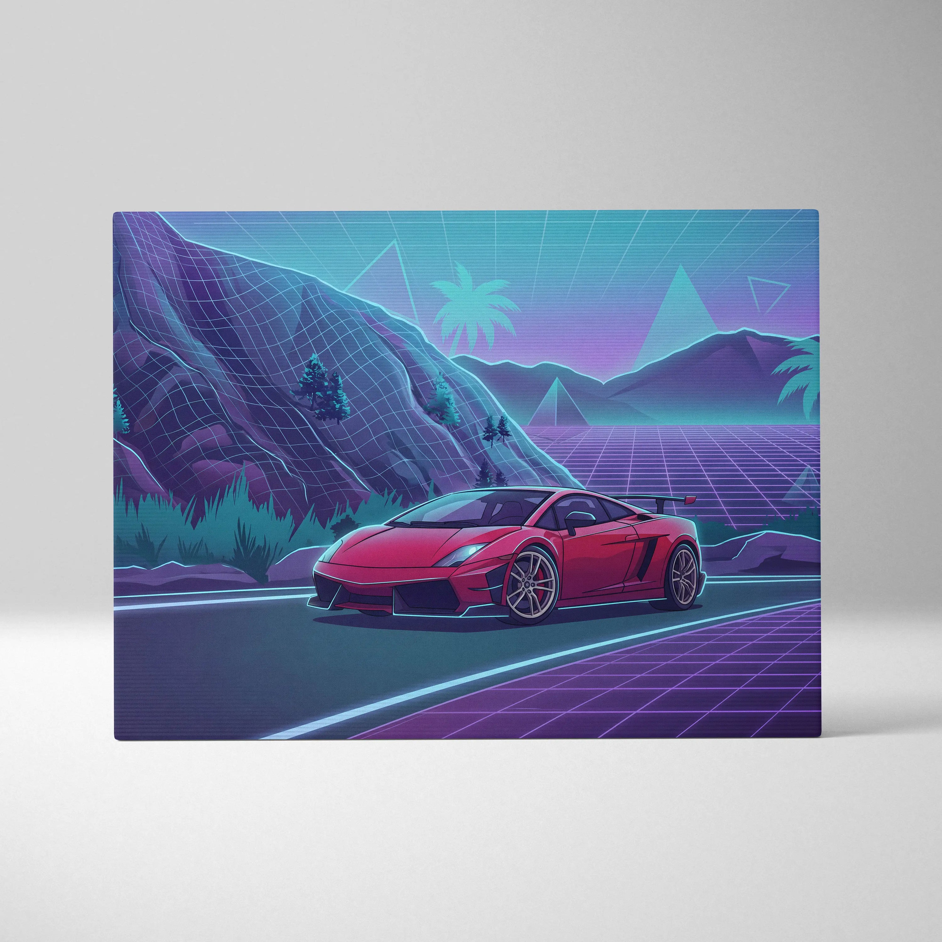 Lamborghini Gallardo Inspired Red Purple Canvas Wall Art, Neon Vaporwave Supercar Artwork for Mountain Road Garage Decor