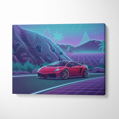 Lamborghini Gallardo Inspired Red Purple Canvas Wall Art, Neon Vaporwave Supercar Artwork for Mountain Road Garage Decor