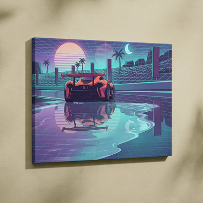 McLaren P1 Inspired Orange Purple Canvas Wall Art, Retro Vaporwave Hypercar Artwork for Futuristic Garage Decor