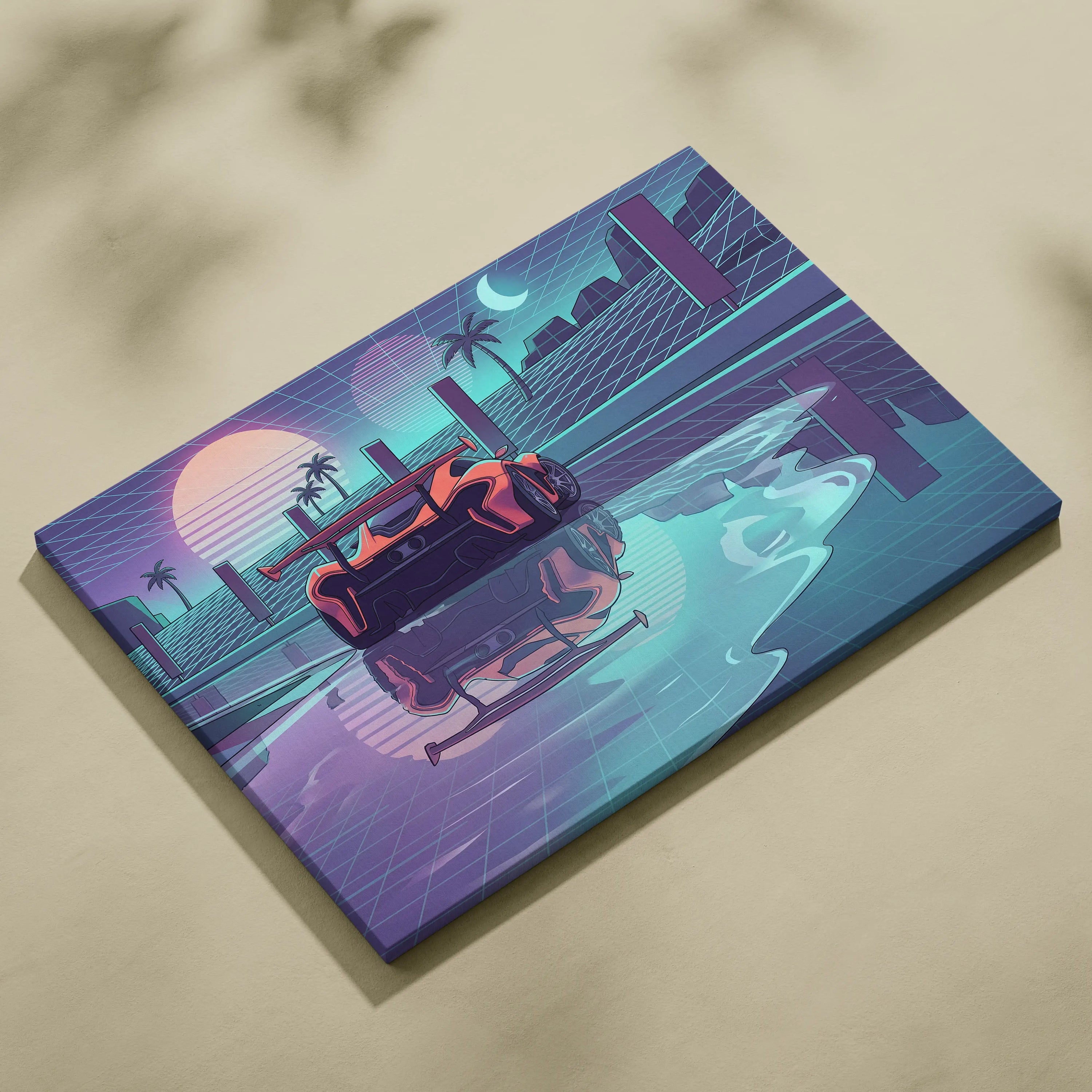 McLaren P1 Inspired Orange Purple Canvas Wall Art, Retro Vaporwave Hypercar Artwork for Futuristic Garage Decor