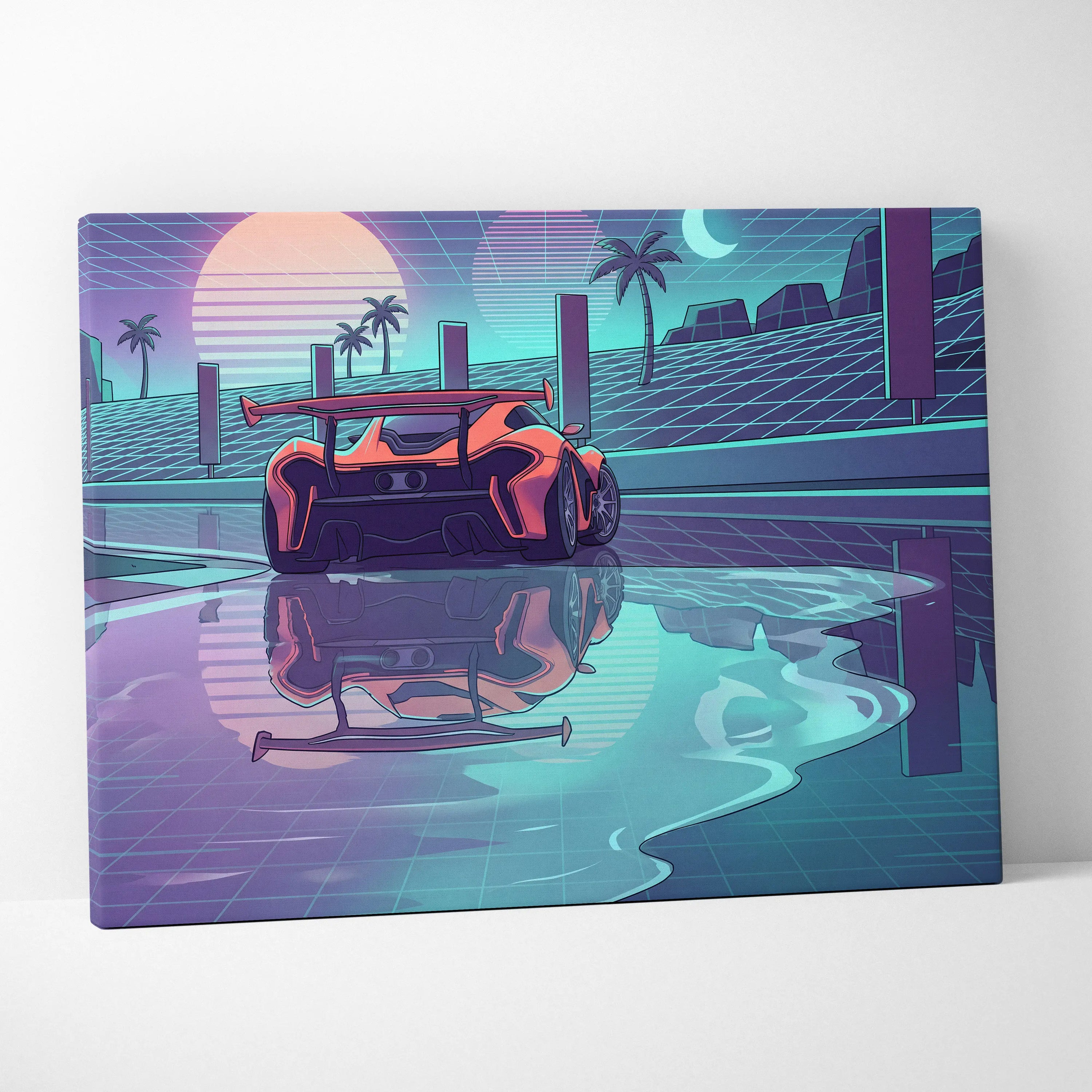 McLaren P1 Inspired Orange Purple Canvas Wall Art, Retro Vaporwave Hypercar Artwork for Futuristic Garage Decor
