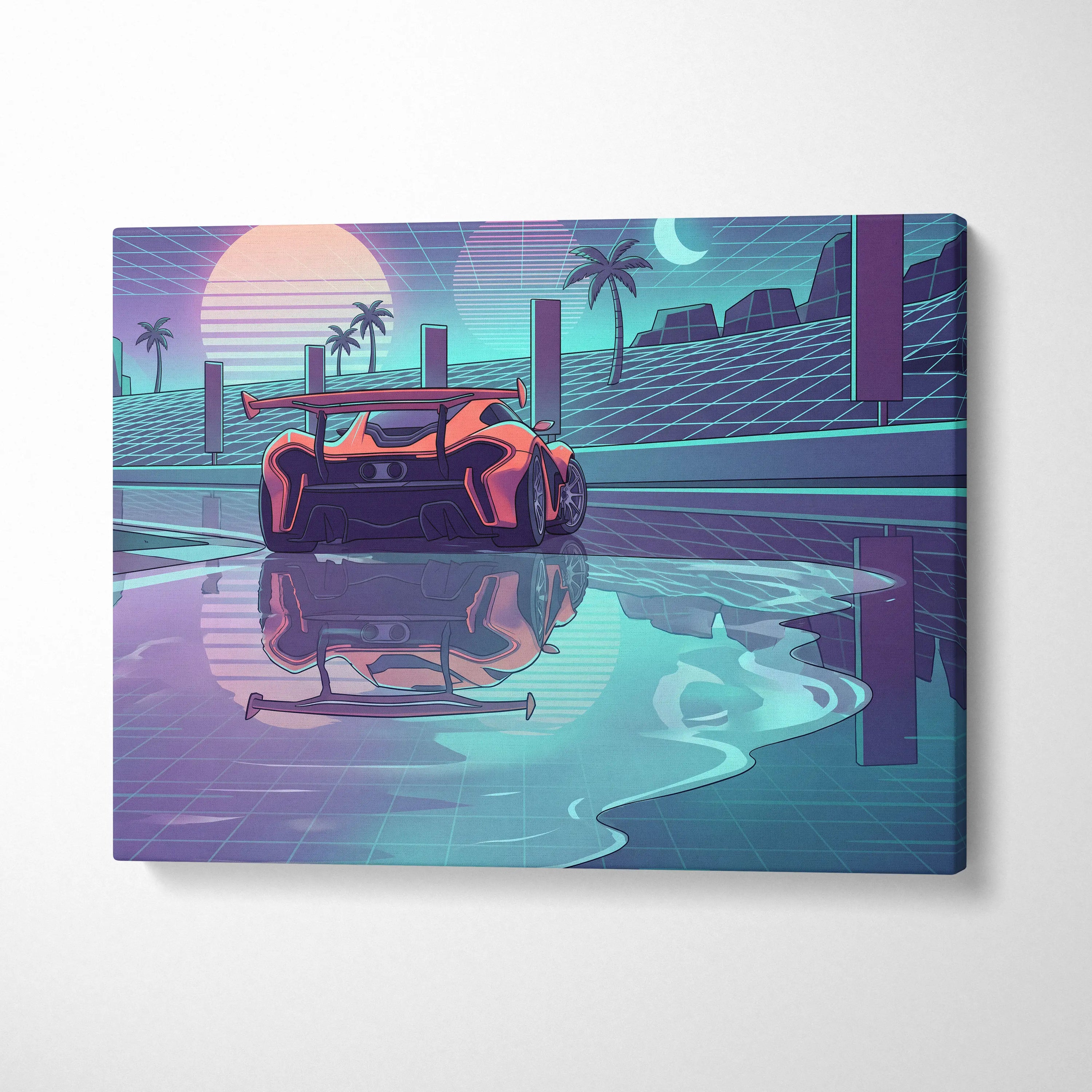 McLaren P1 Inspired Orange Purple Canvas Wall Art, Retro Vaporwave Hypercar Artwork for Futuristic Garage Decor