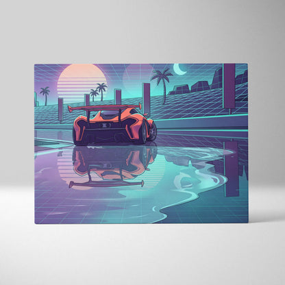 McLaren P1 Inspired Orange Purple Canvas Wall Art, Retro Vaporwave Hypercar Artwork for Futuristic Garage Decor