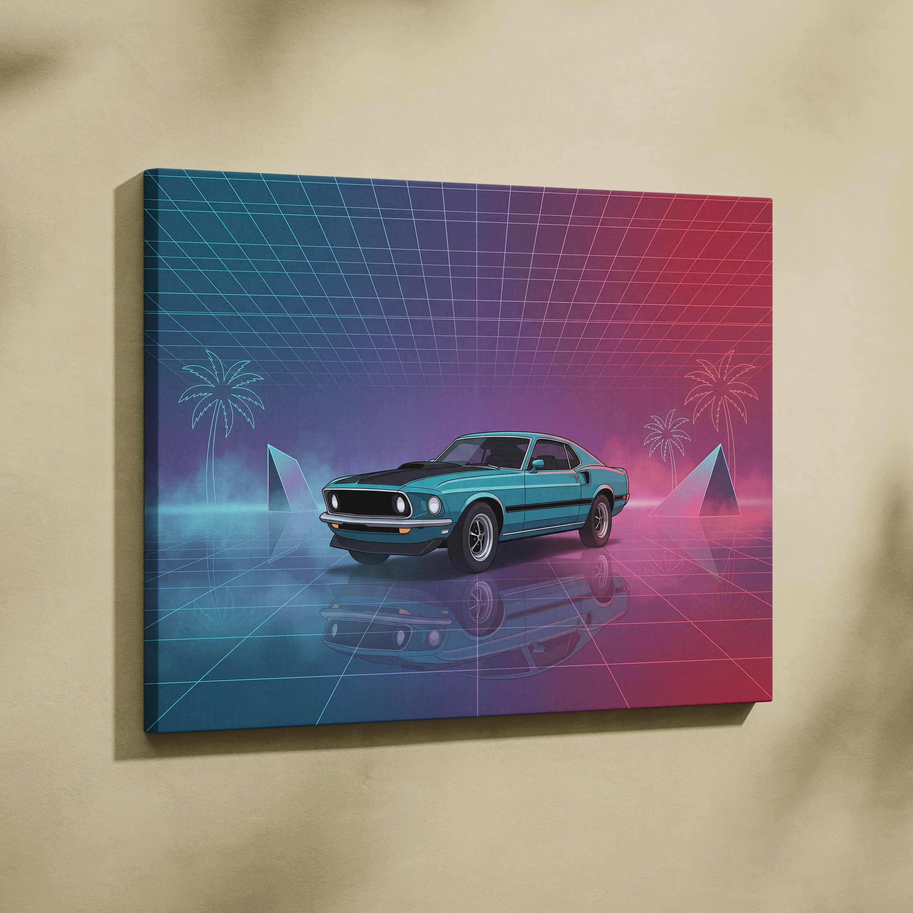 Ford Mustang Mach 1 Inspired Teal Pink Canvas Wall Art, Vaporwave Muscle Car Artwork, Neon Grid Garage Decor, Retro Futuristic Classic Print