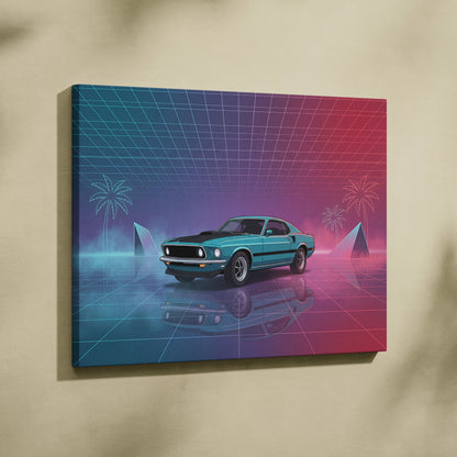 Ford Mustang Mach 1 Inspired Teal Pink Canvas Wall Art, Vaporwave Muscle Car Artwork, Neon Grid Garage Decor, Retro Futuristic Classic Print