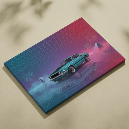 Ford Mustang Mach 1 Inspired Teal Pink Canvas Wall Art, Vaporwave Muscle Car Artwork, Neon Grid Garage Decor, Retro Futuristic Classic Print