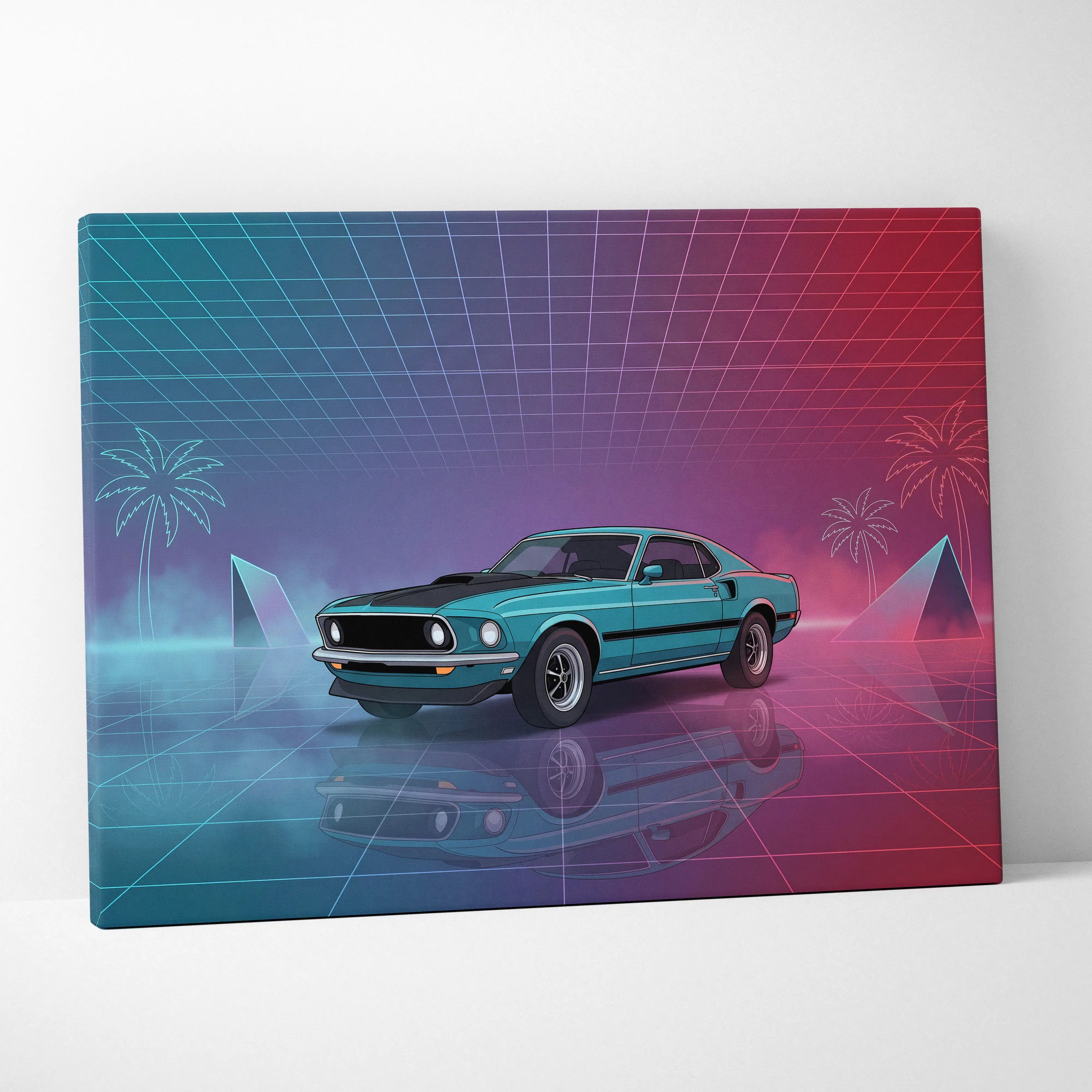 Ford Mustang Mach 1 Inspired Teal Pink Canvas Wall Art, Vaporwave Muscle Car Artwork, Neon Grid Garage Decor, Retro Futuristic Classic Print