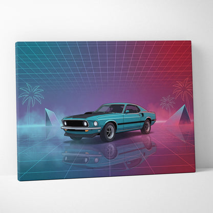Ford Mustang Mach 1 Inspired Teal Pink Canvas Wall Art, Vaporwave Muscle Car Artwork, Neon Grid Garage Decor, Retro Futuristic Classic Print