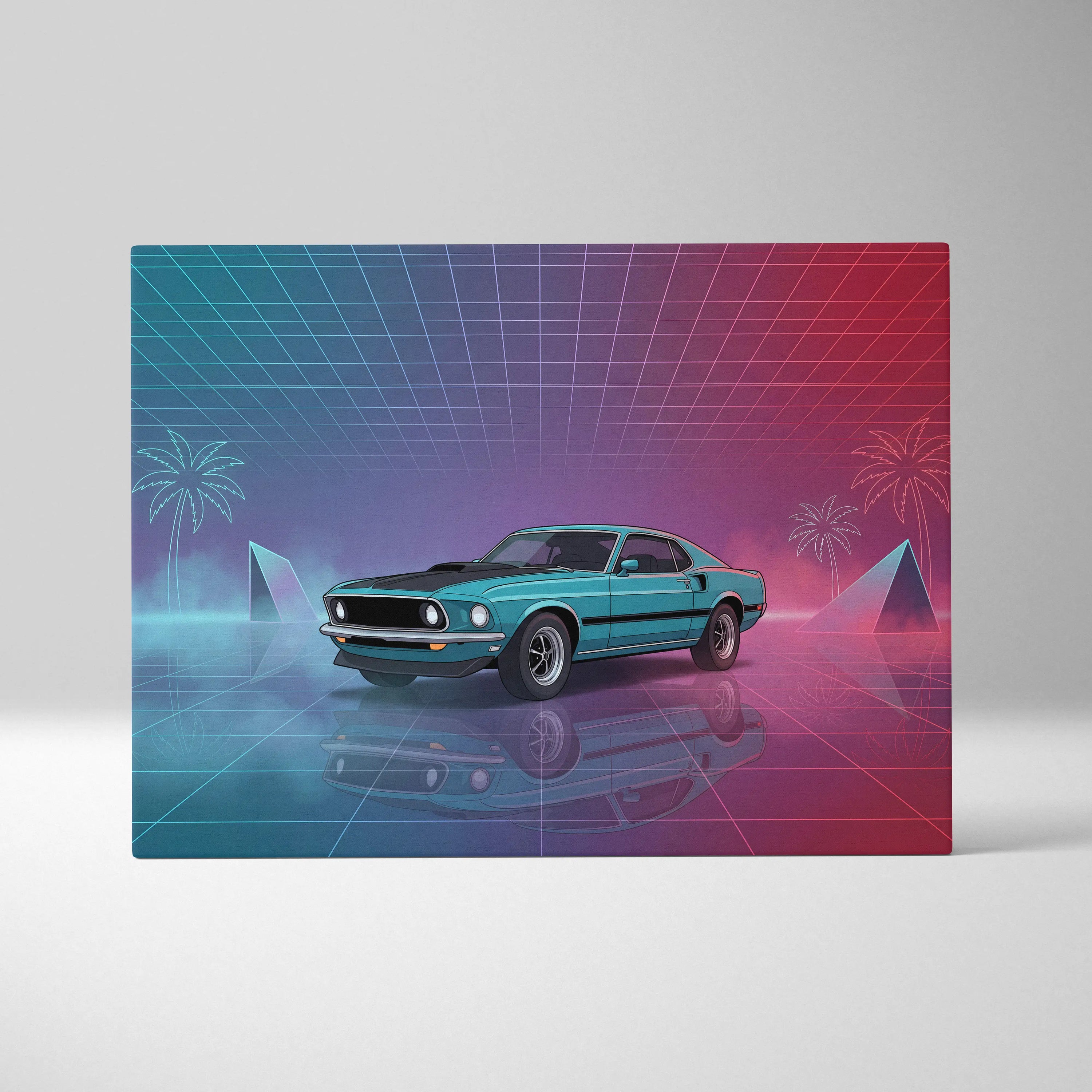 Ford Mustang Mach 1 Inspired Teal Pink Canvas Wall Art, Vaporwave Muscle Car Artwork, Neon Grid Garage Decor, Retro Futuristic Classic Print