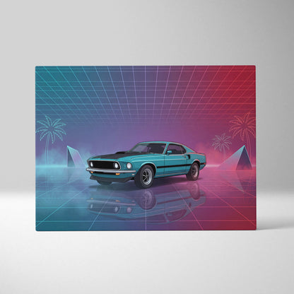 Ford Mustang Mach 1 Inspired Teal Pink Canvas Wall Art, Vaporwave Muscle Car Artwork, Neon Grid Garage Decor, Retro Futuristic Classic Print