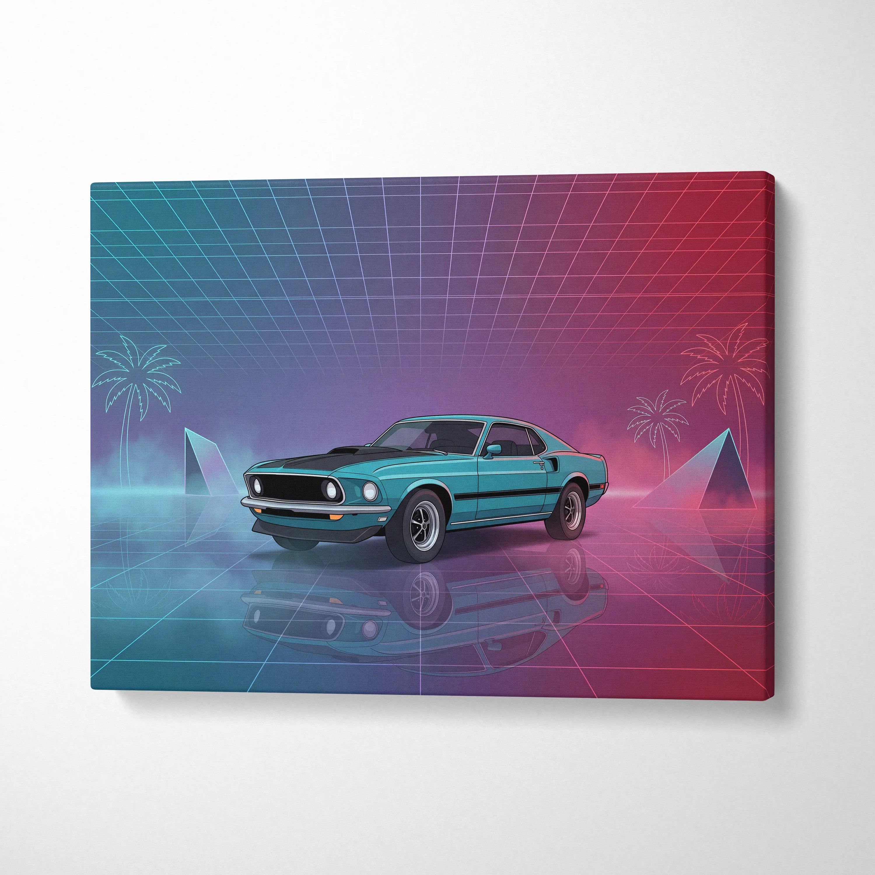 Ford Mustang Mach 1 Inspired Teal Pink Canvas Wall Art, Vaporwave Muscle Car Artwork, Neon Grid Garage Decor, Retro Futuristic Classic Print