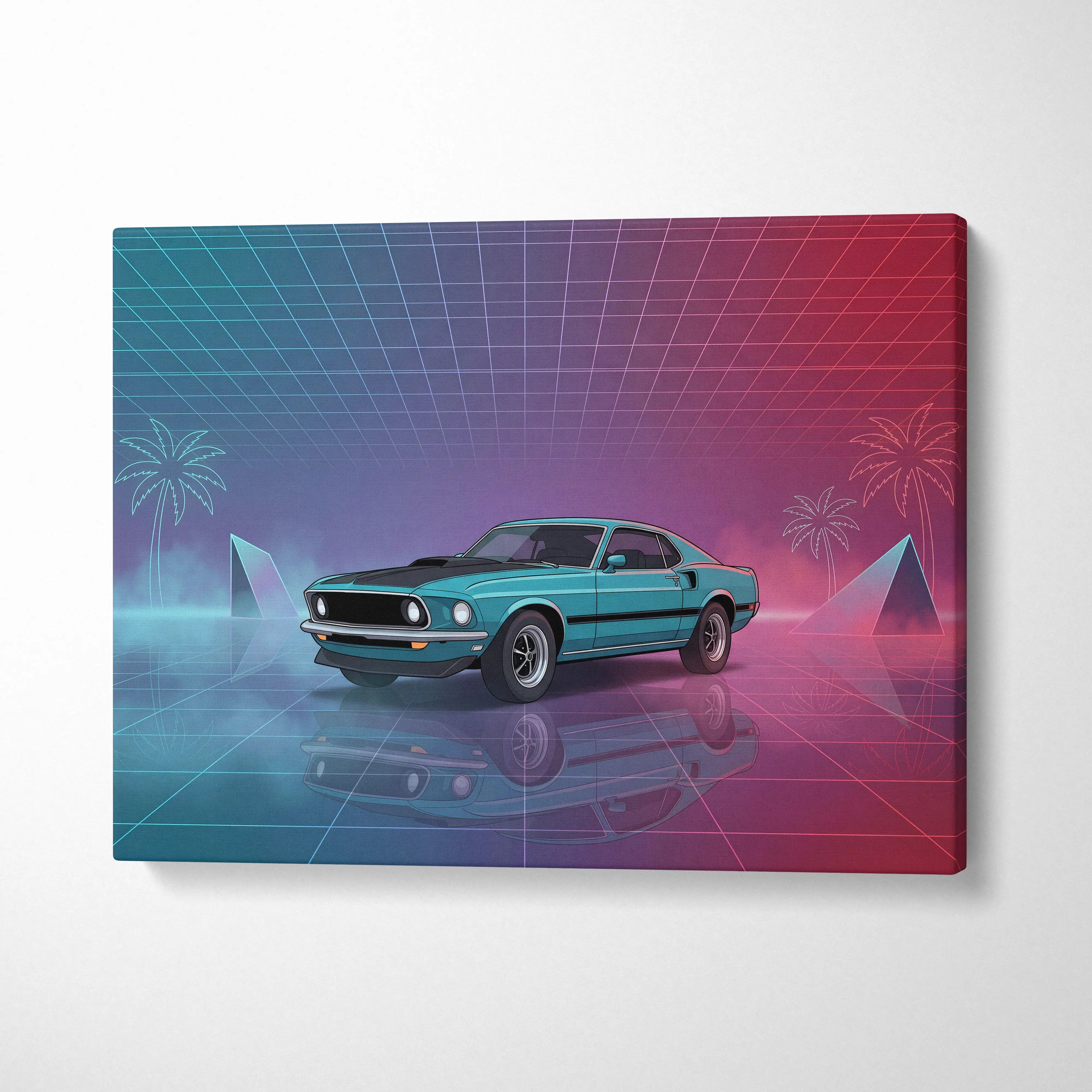 Teal classic muscle car with black racing stripes in retro futuristic style on canvas ford mustang mach 1 wall art