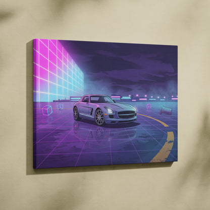 Mercedes SLS AMG Inspired Silver Purple Canvas Wall Art, Neon Vaporwave Supercar Artwork for Modern Garage Decor