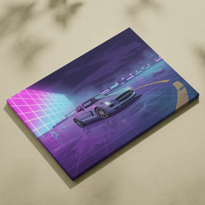 Mercedes SLS AMG Inspired Silver Purple Canvas Wall Art, Neon Vaporwave Supercar Artwork for Modern Garage Decor