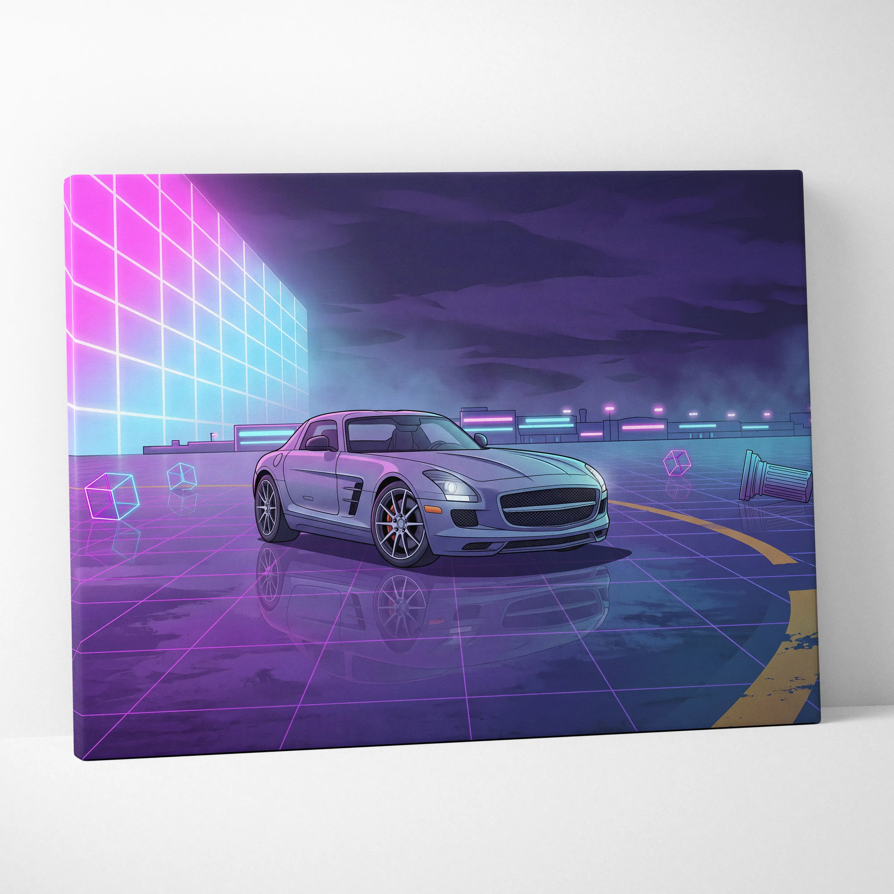 Mercedes SLS AMG Inspired Silver Purple Canvas Wall Art, Neon Vaporwave Supercar Artwork for Modern Garage Decor
