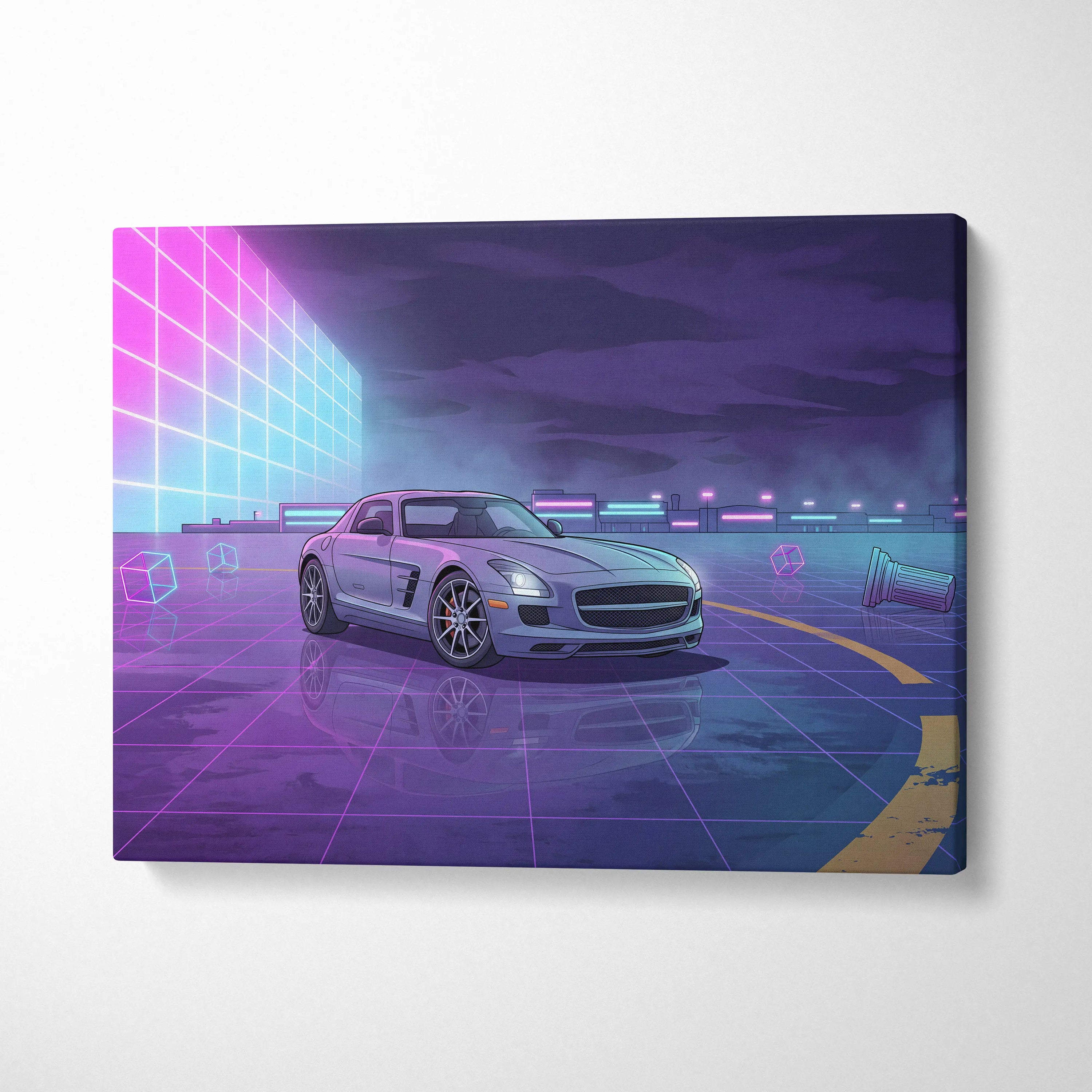 Mercedes SLS AMG Inspired Silver Purple Canvas Wall Art, Neon Vaporwave Supercar Artwork for Modern Garage Decor