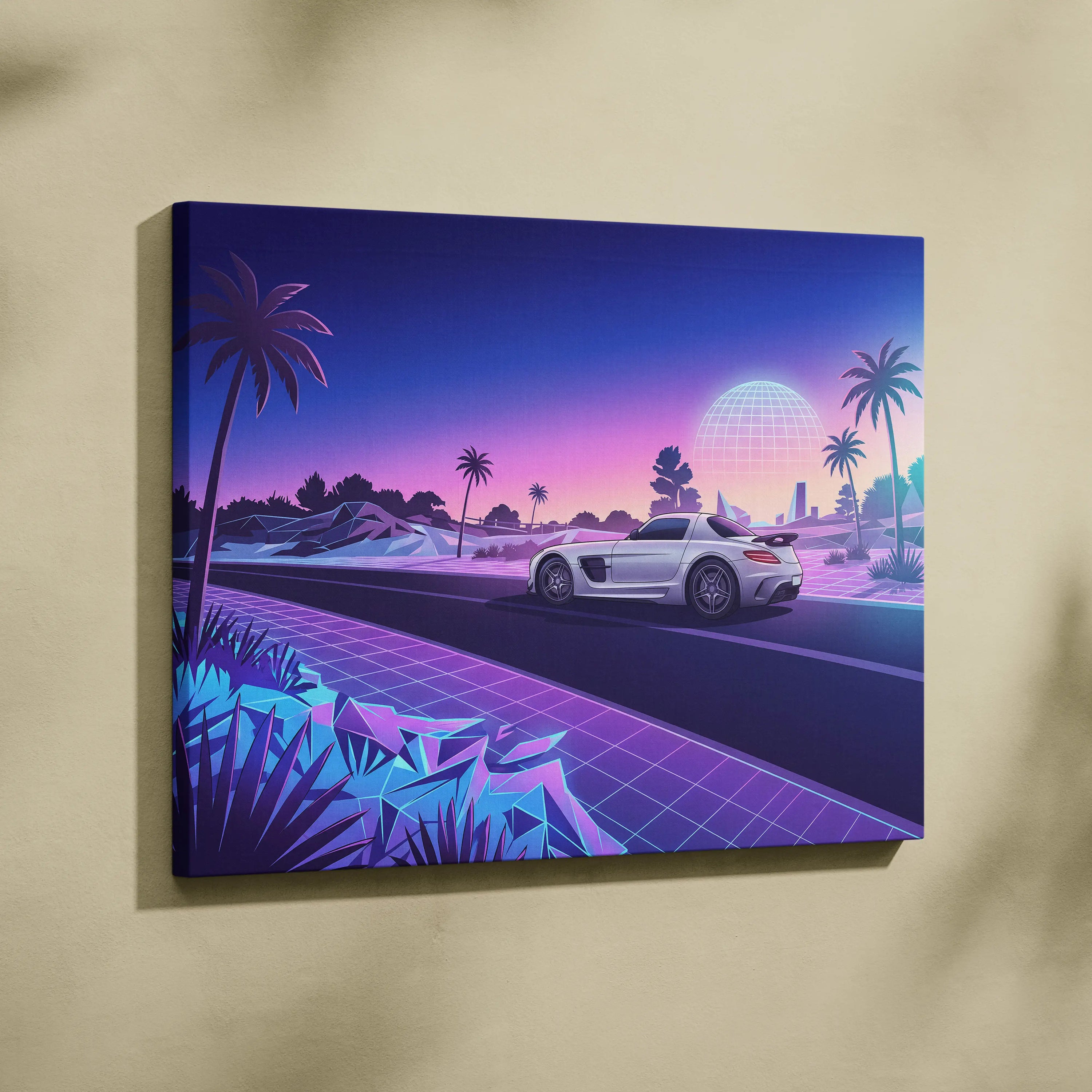 Mercedes SLS AMG Inspired White Purple Canvas Wall Art, Sunset Vaporwave Supercar Artwork for Futuristic Desert Garage Decor