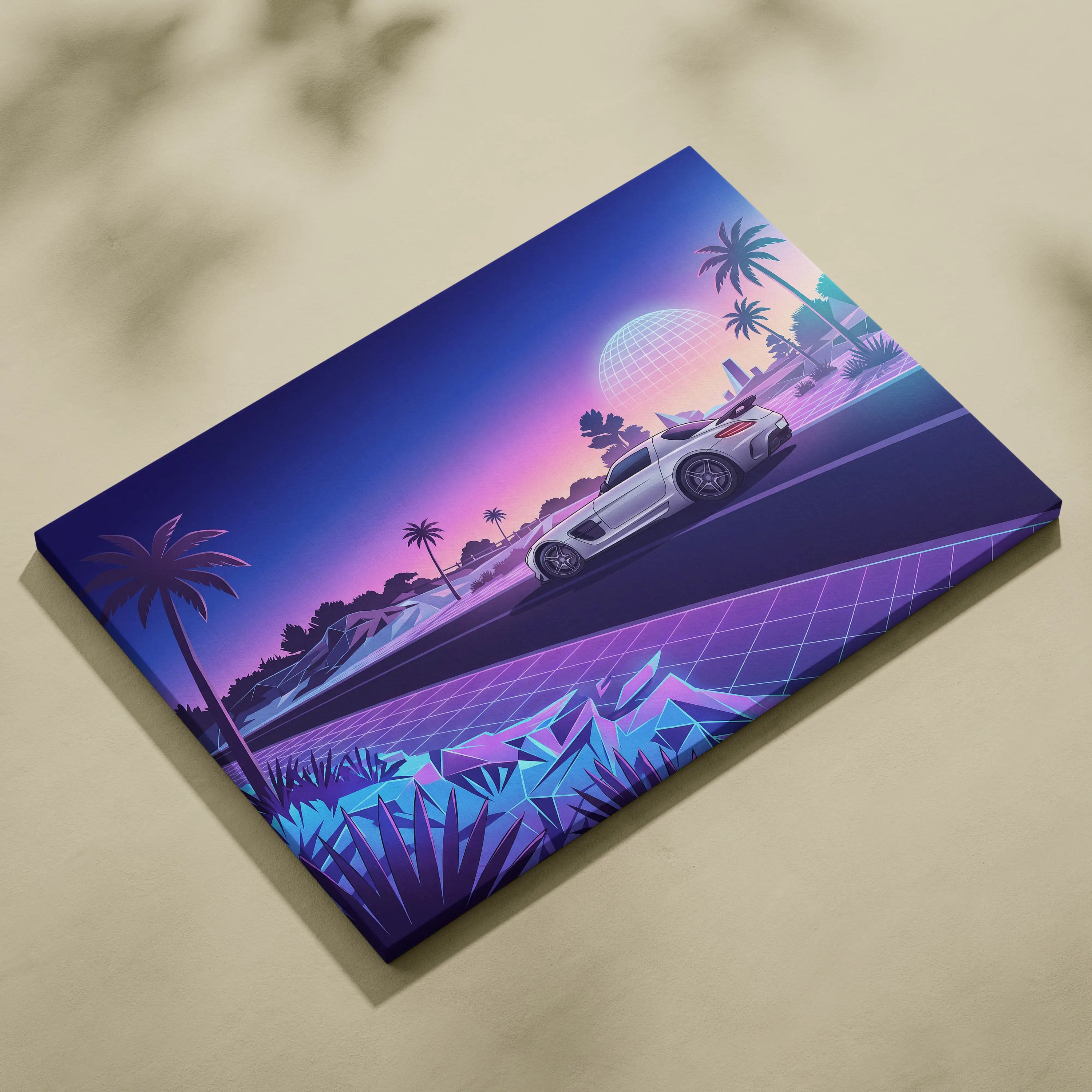 Mercedes SLS AMG Inspired White Purple Canvas Wall Art, Sunset Vaporwave Supercar Artwork for Futuristic Desert Garage Decor
