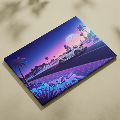 Mercedes SLS AMG Inspired White Purple Canvas Wall Art, Sunset Vaporwave Supercar Artwork for Futuristic Desert Garage Decor
