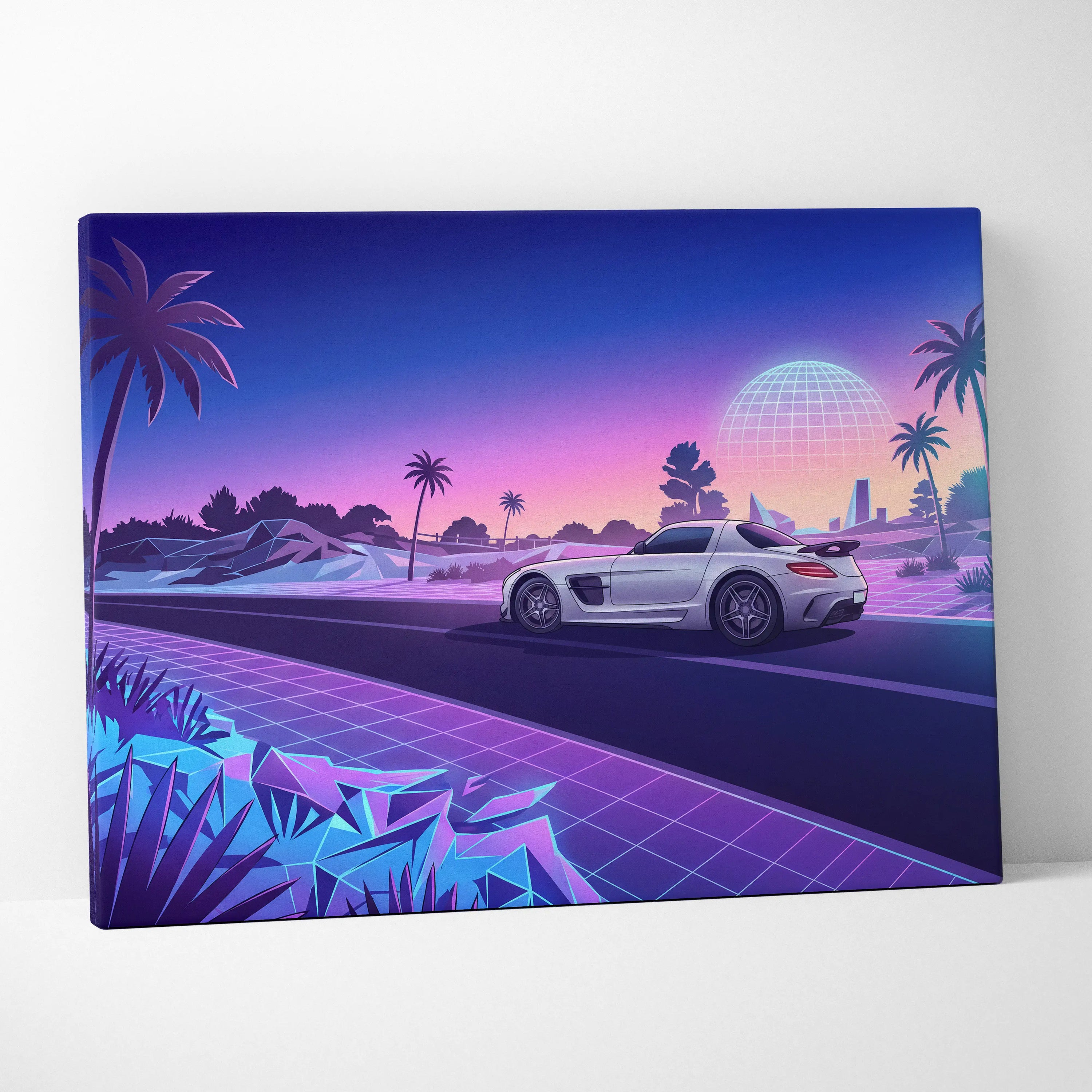 Mercedes SLS AMG Inspired White Purple Canvas Wall Art, Sunset Vaporwave Supercar Artwork for Futuristic Desert Garage Decor
