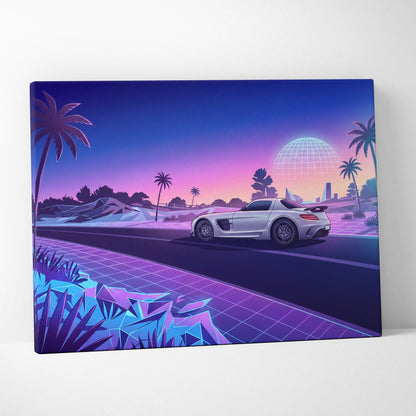 Mercedes SLS AMG Inspired White Purple Canvas Wall Art, Sunset Vaporwave Supercar Artwork for Futuristic Desert Garage Decor