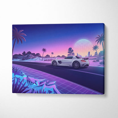 Mercedes SLS AMG Inspired White Purple Canvas Wall Art, Sunset Vaporwave Supercar Artwork for Futuristic Desert Garage Decor