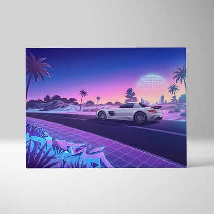 Mercedes SLS AMG Inspired White Purple Canvas Wall Art, Sunset Vaporwave Supercar Artwork for Futuristic Desert Garage Decor