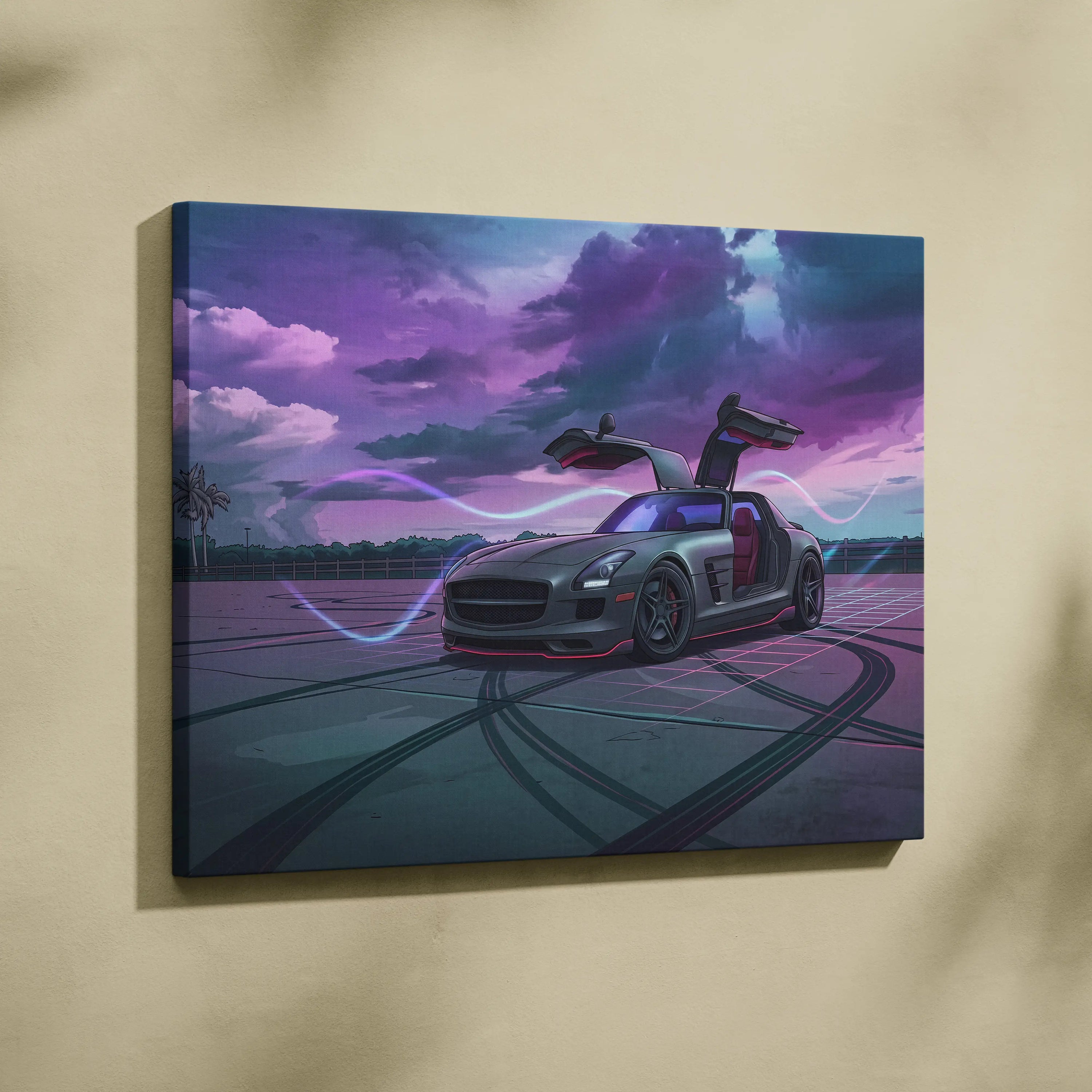 Mercedes SLS AMG Inspired Silver Purple Canvas Wall Art, Moody Vaporwave Supercar Artwork for Modern Garage Decor