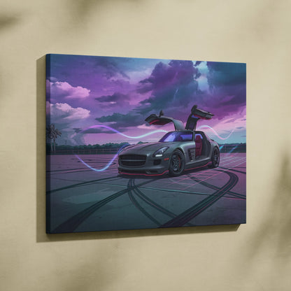 Mercedes SLS AMG Inspired Silver Purple Canvas Wall Art, Moody Vaporwave Supercar Artwork for Modern Garage Decor