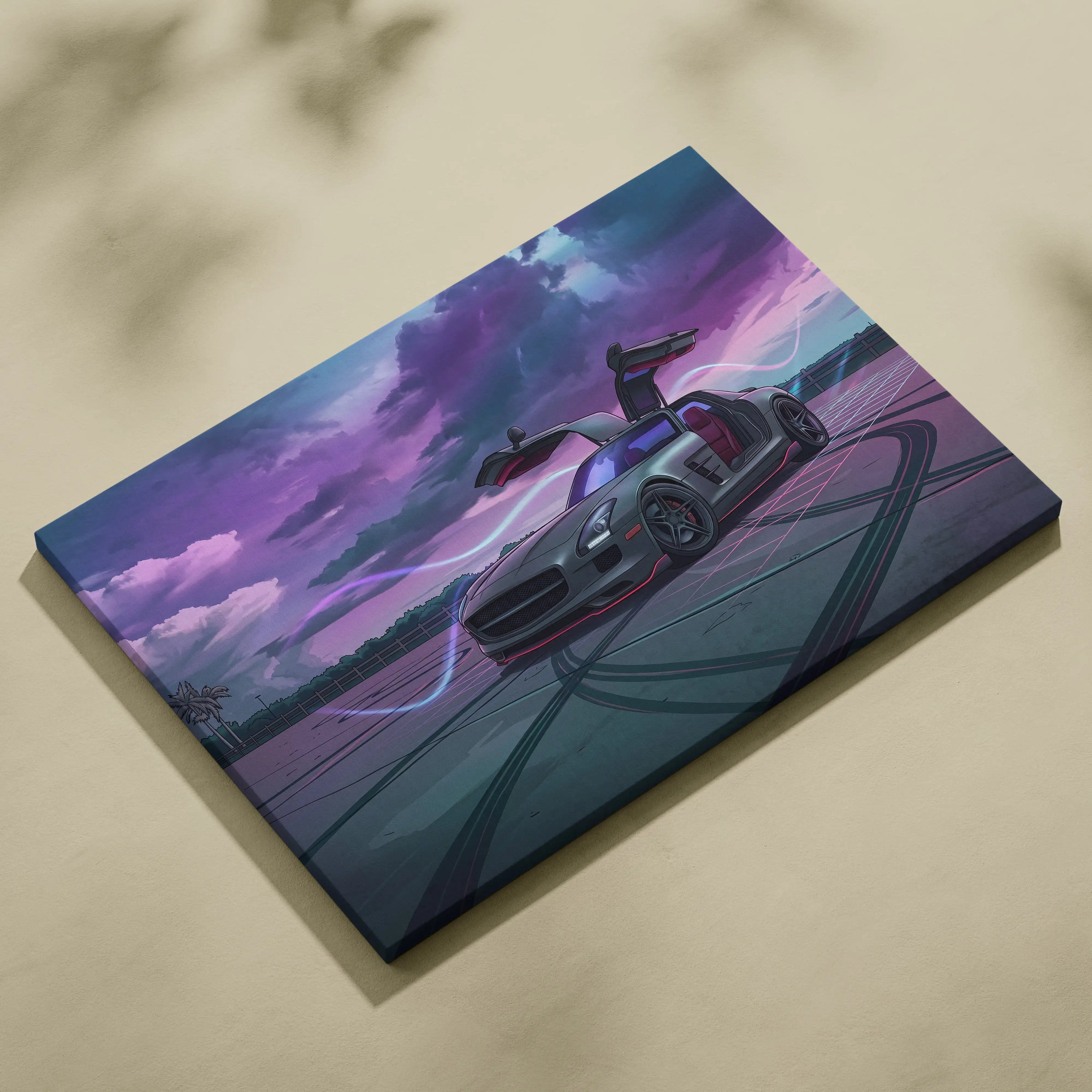 Mercedes SLS AMG Inspired Silver Purple Canvas Wall Art, Moody Vaporwave Supercar Artwork for Modern Garage Decor