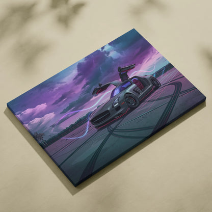 Mercedes SLS AMG Inspired Silver Purple Canvas Wall Art, Moody Vaporwave Supercar Artwork for Modern Garage Decor