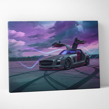 Mercedes SLS AMG Inspired Silver Purple Canvas Wall Art, Moody Vaporwave Supercar Artwork for Modern Garage Decor