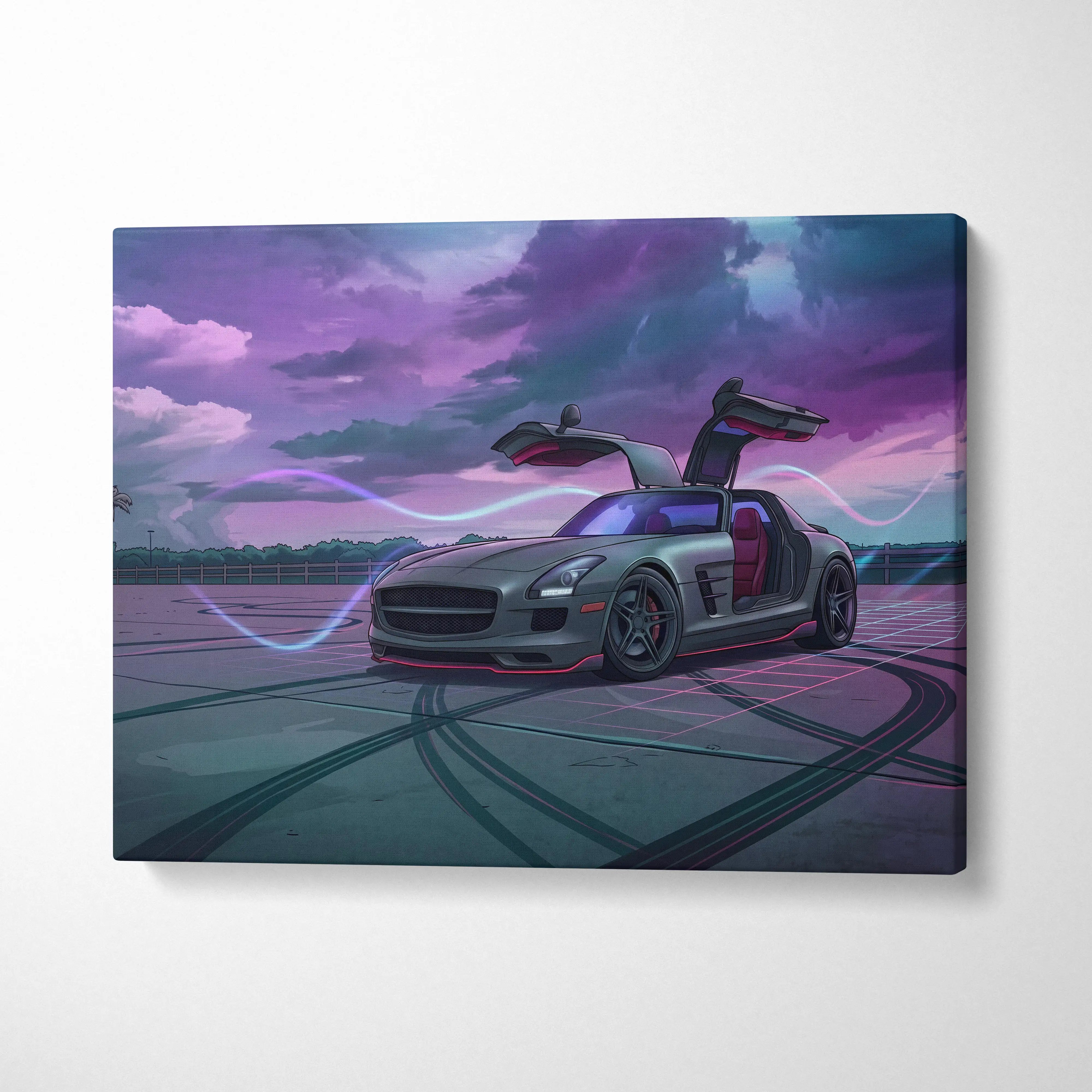 Mercedes SLS AMG Inspired Silver Purple Canvas Wall Art, Moody Vaporwave Supercar Artwork for Modern Garage Decor