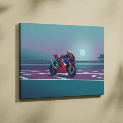 Honda CBR1000RR-R Fireblade Inspired Red Blue Motorcycle Canvas Wall Art Vaporwave Sportbike Artwork for Garage Decor Retro Futuristic Print