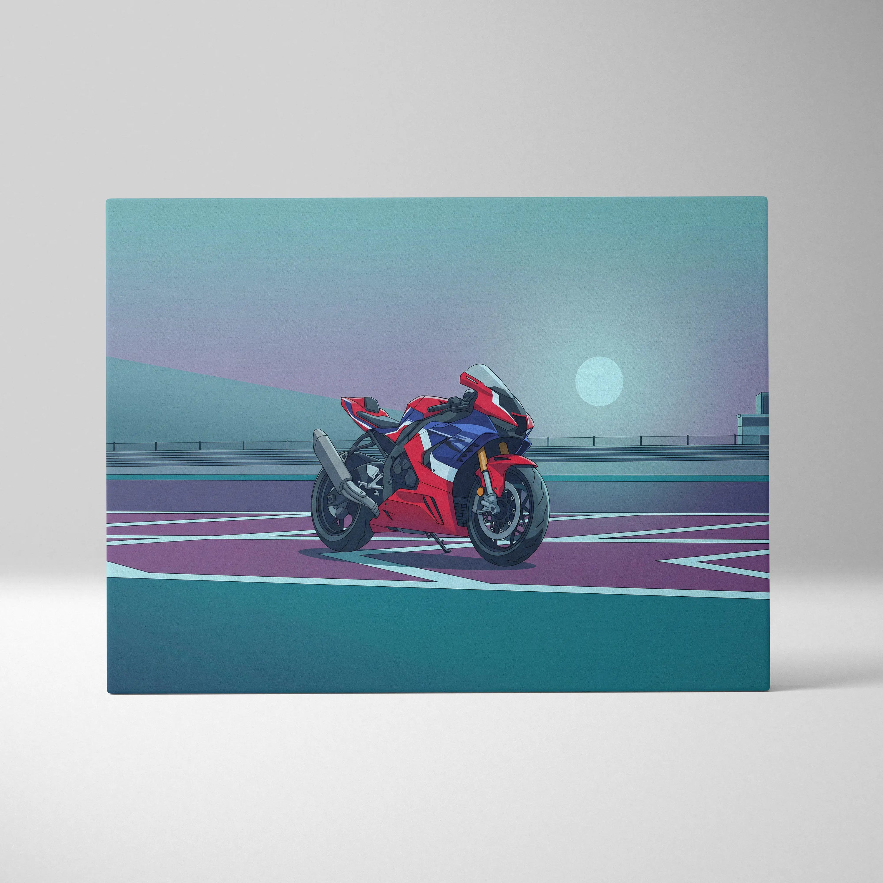 Honda CBR1000RR-R Fireblade Inspired Red Blue Motorcycle Canvas Wall Art Vaporwave Sportbike Artwork for Garage Decor Retro Futuristic Print