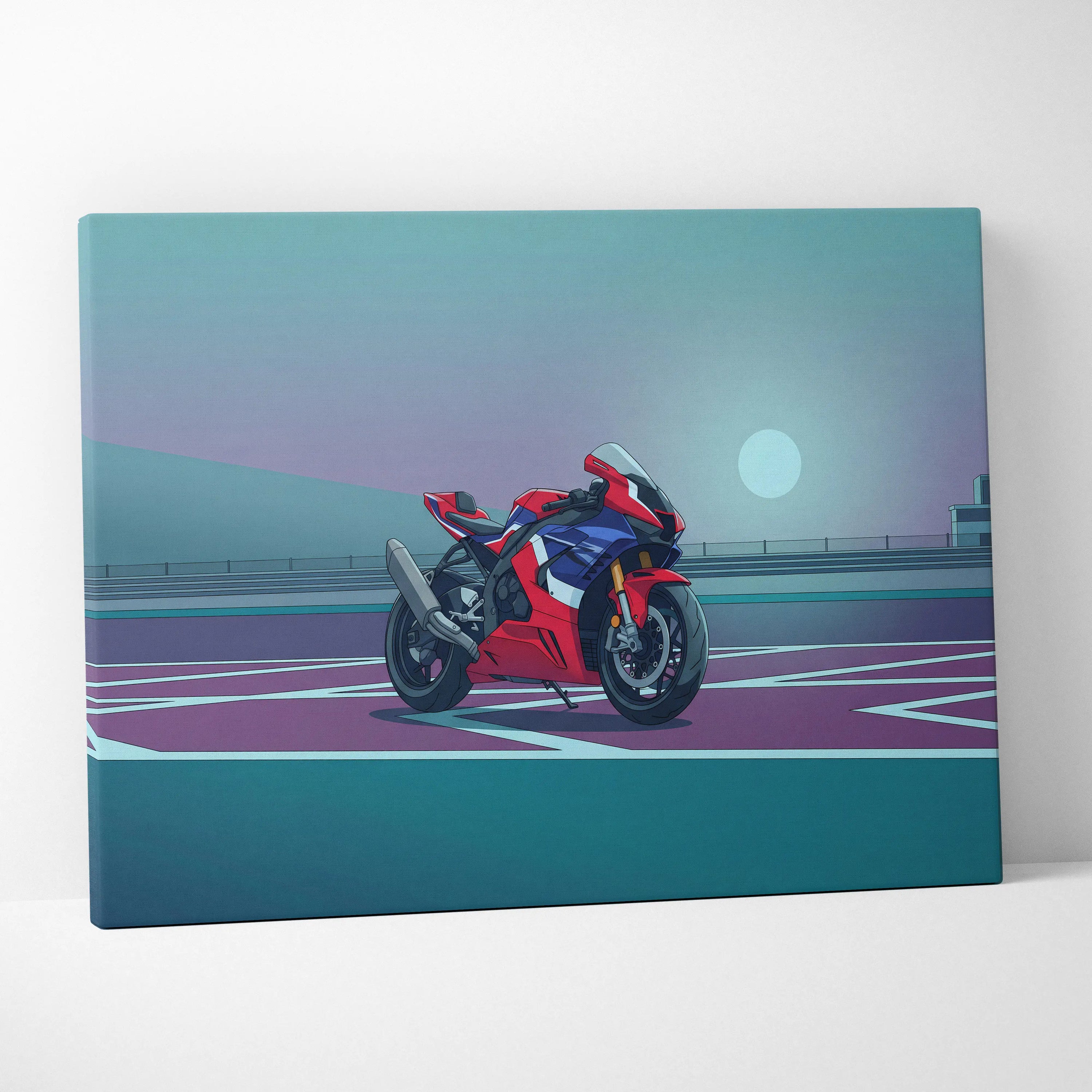 Honda CBR1000RR-R Fireblade Inspired Red Blue Motorcycle Canvas Wall Art Vaporwave Sportbike Artwork for Garage Decor Retro Futuristic Print