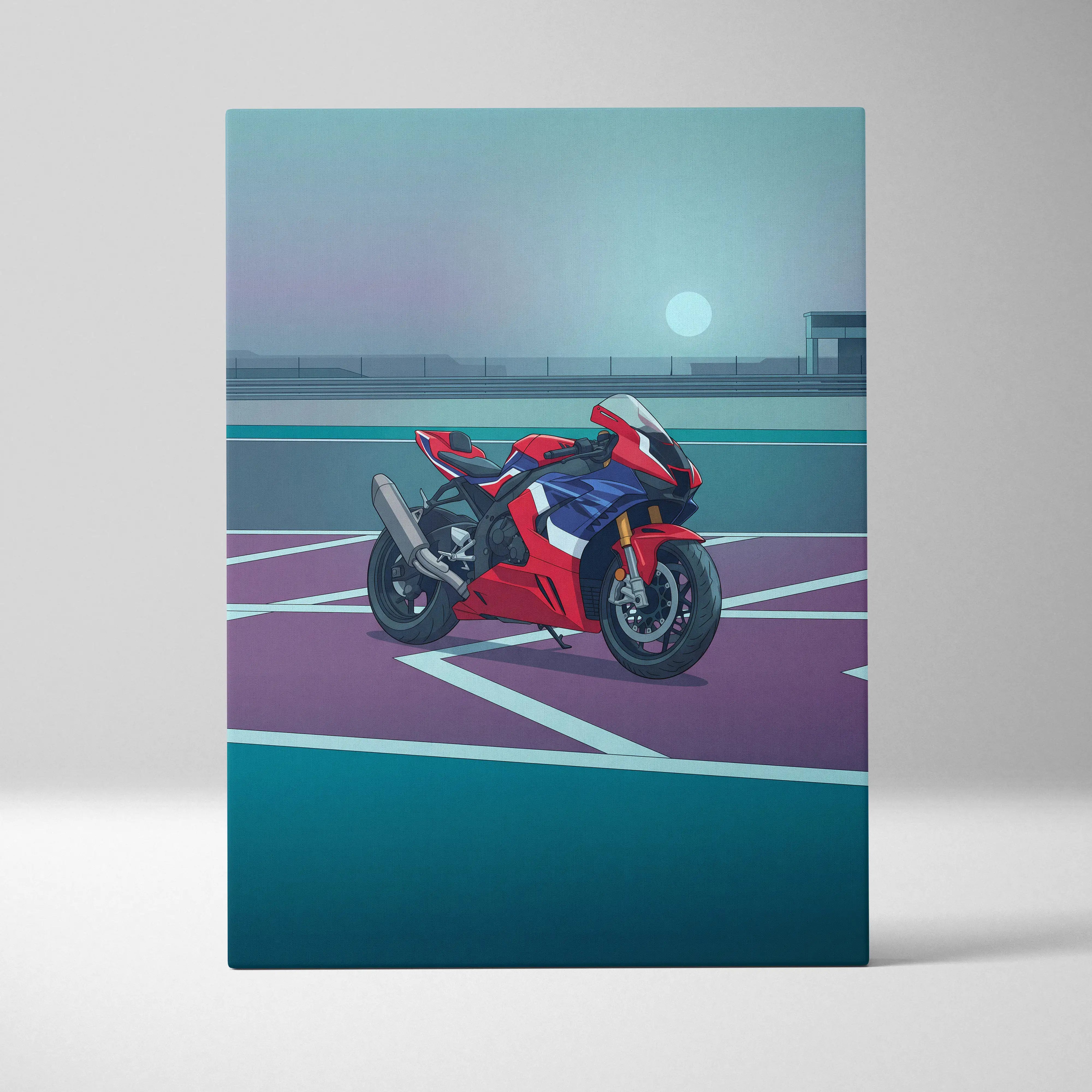 Honda CBR1000RR-R Fireblade Inspired Red Blue Motorcycle Canvas Wall Art Vaporwave Sportbike Artwork for Garage Decor Retro Futuristic Print