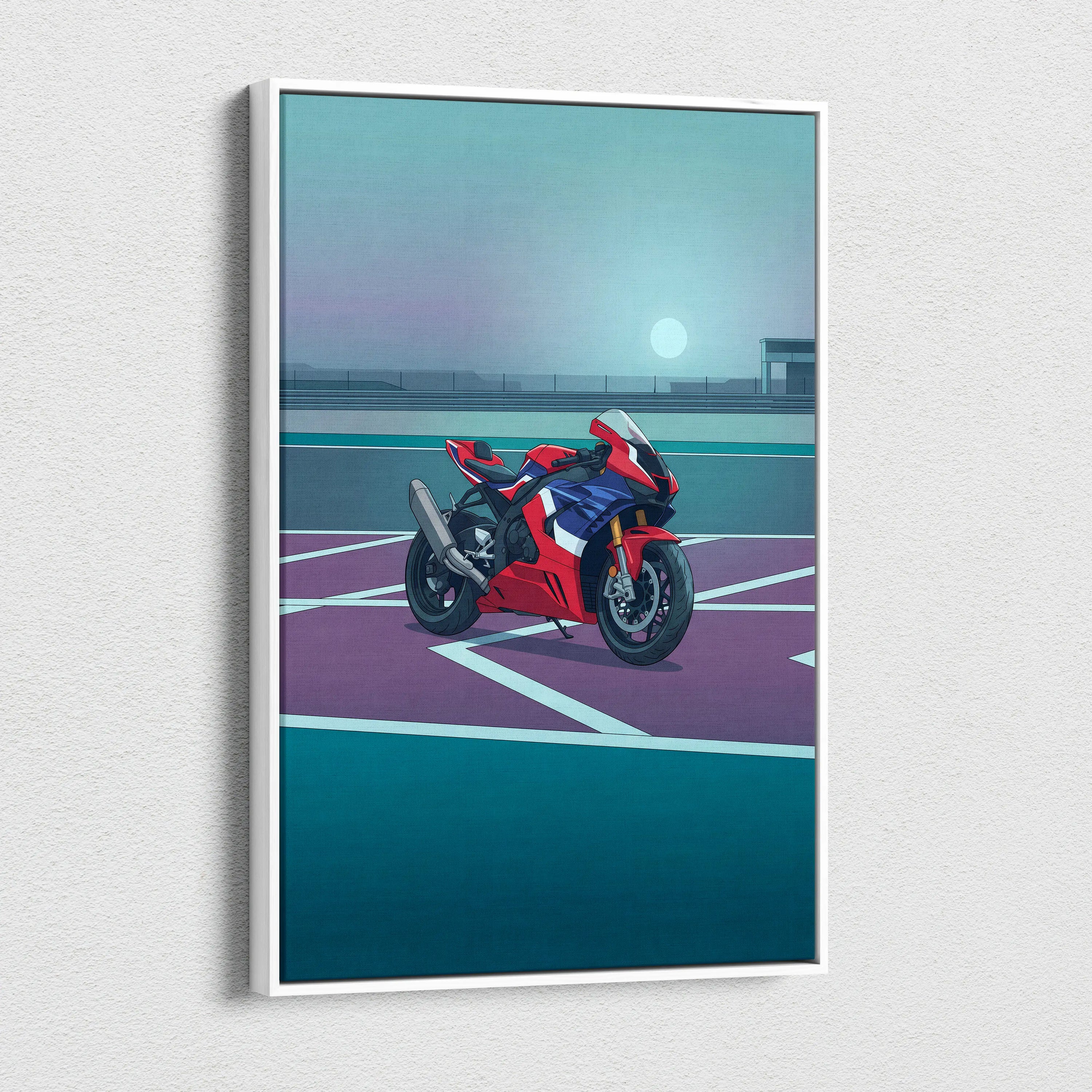 Honda CBR1000RR-R Fireblade Inspired Red Blue Motorcycle Canvas Wall Art Vaporwave Sportbike Artwork for Garage Decor Retro Futuristic Print