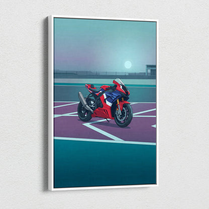 Honda CBR1000RR-R Fireblade Inspired Red Blue Motorcycle Canvas Wall Art Vaporwave Sportbike Artwork for Garage Decor Retro Futuristic Print