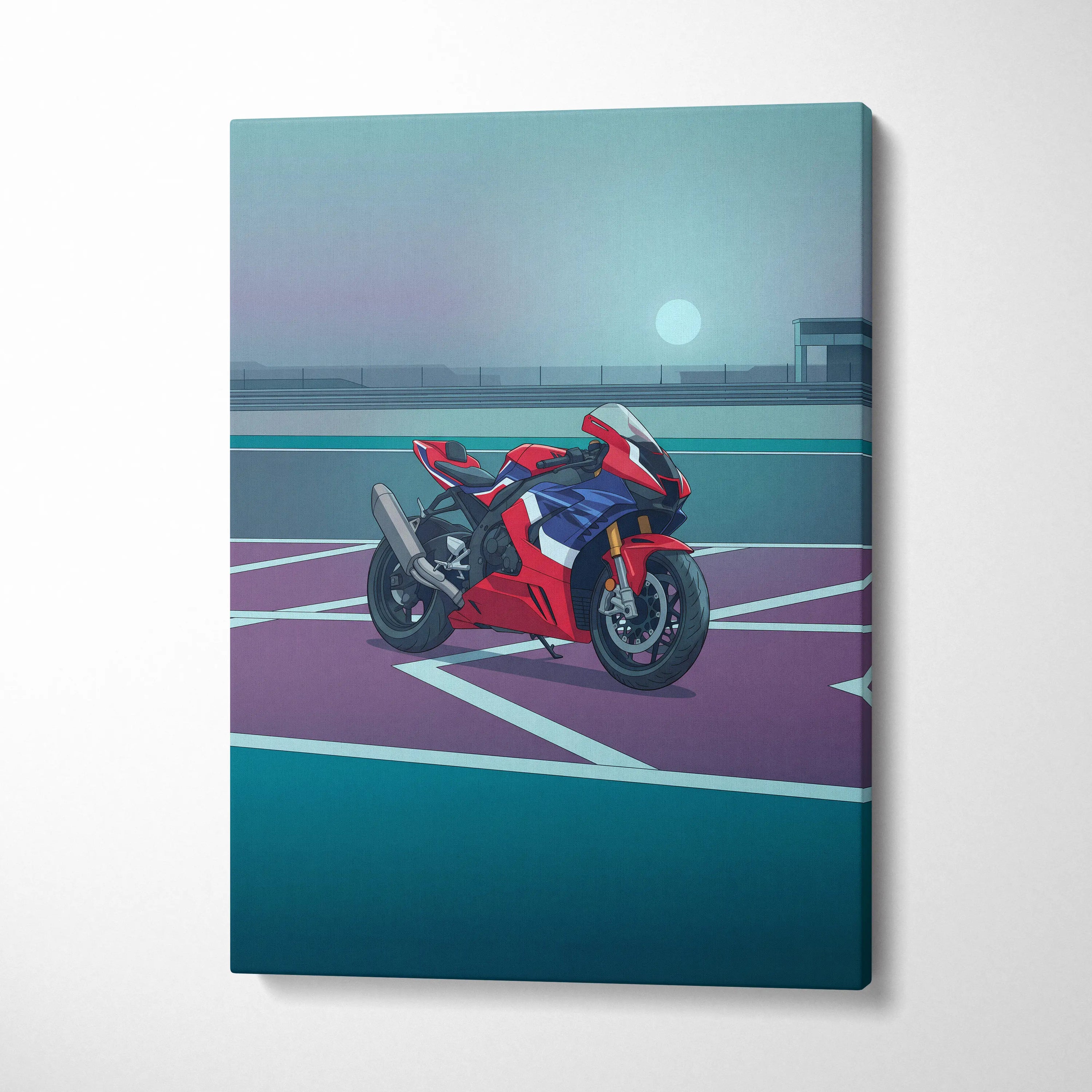 Honda CBR1000RR-R Fireblade Inspired Red Blue Motorcycle Canvas Wall Art Vaporwave Sportbike Artwork for Garage Decor Retro Futuristic Print
