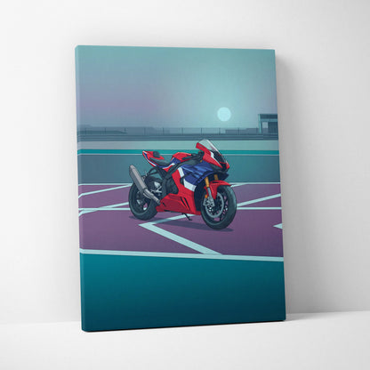 Honda CBR1000RR-R Fireblade Inspired Red Blue Motorcycle Canvas Wall Art Vaporwave Sportbike Artwork for Garage Decor Retro Futuristic Print