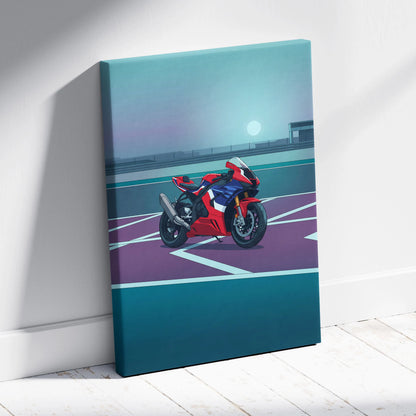 Honda CBR1000RR-R Fireblade Inspired Red Blue Motorcycle Canvas Wall Art Vaporwave Sportbike Artwork for Garage Decor Retro Futuristic Print