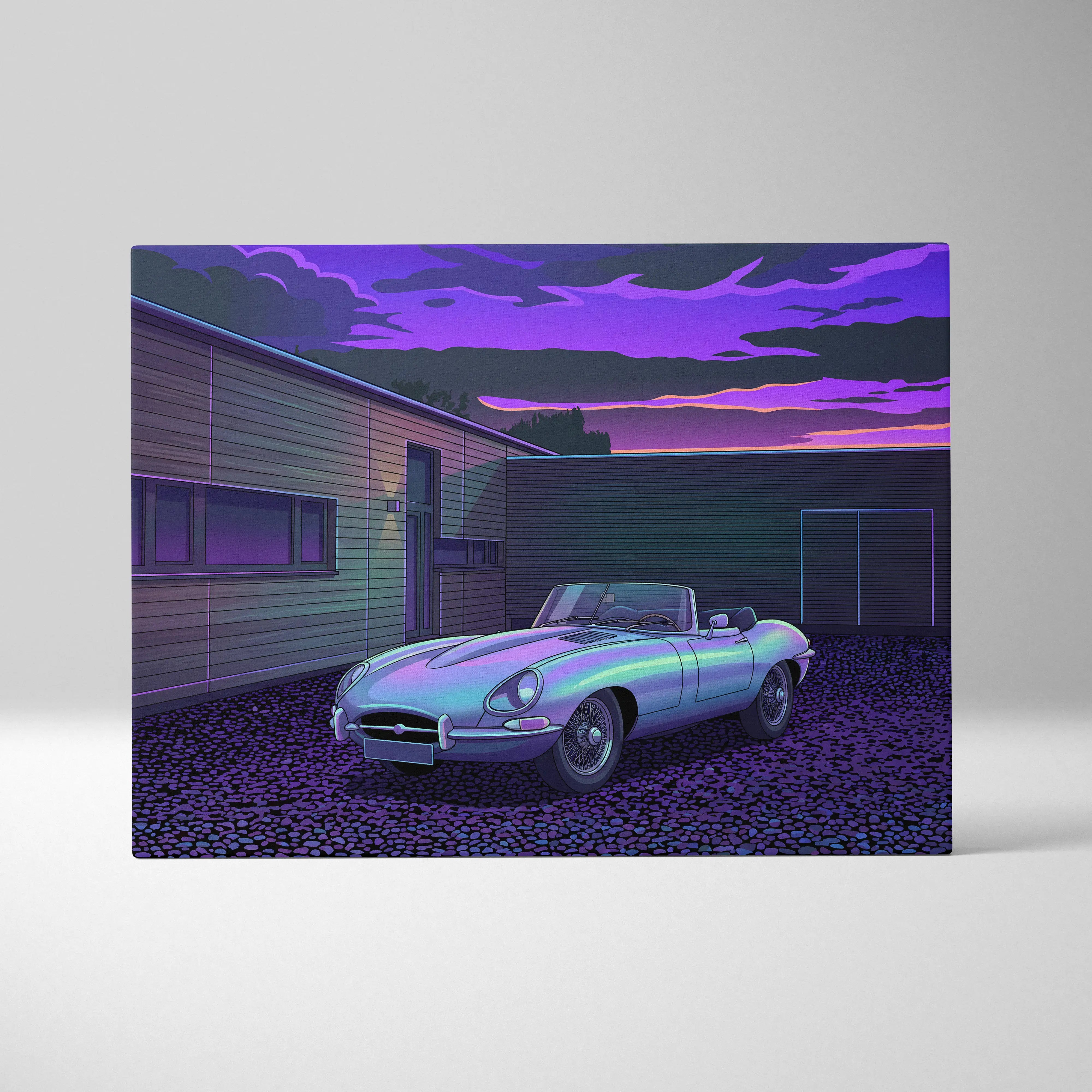 Jaguar e-type inspired silver purple canvas wall art featuring a sleek iridescent silver convertible sports car