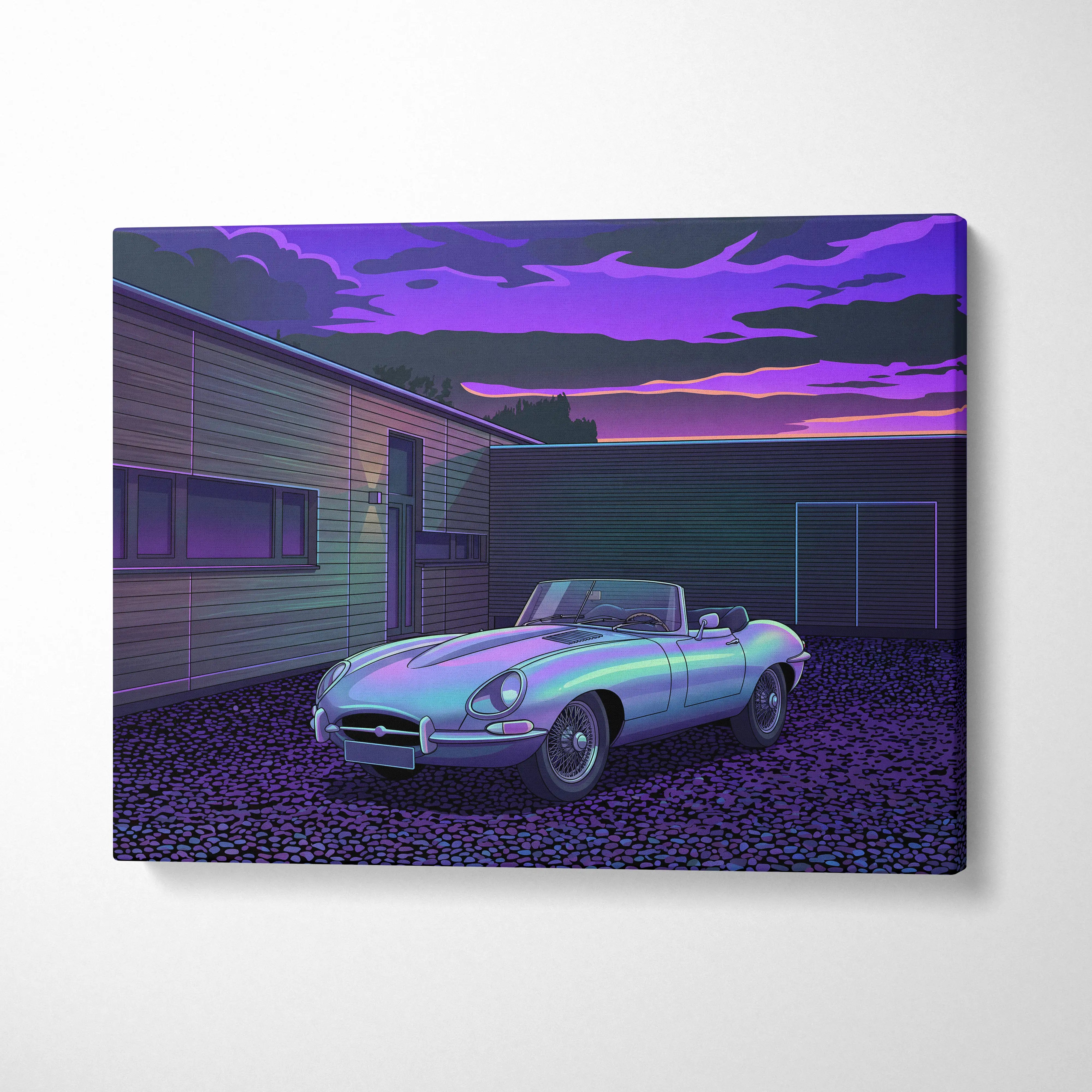 Jaguar E-Type inspired silver purple canvas wall art featuring a sleek iridescent teal and purple convertible print