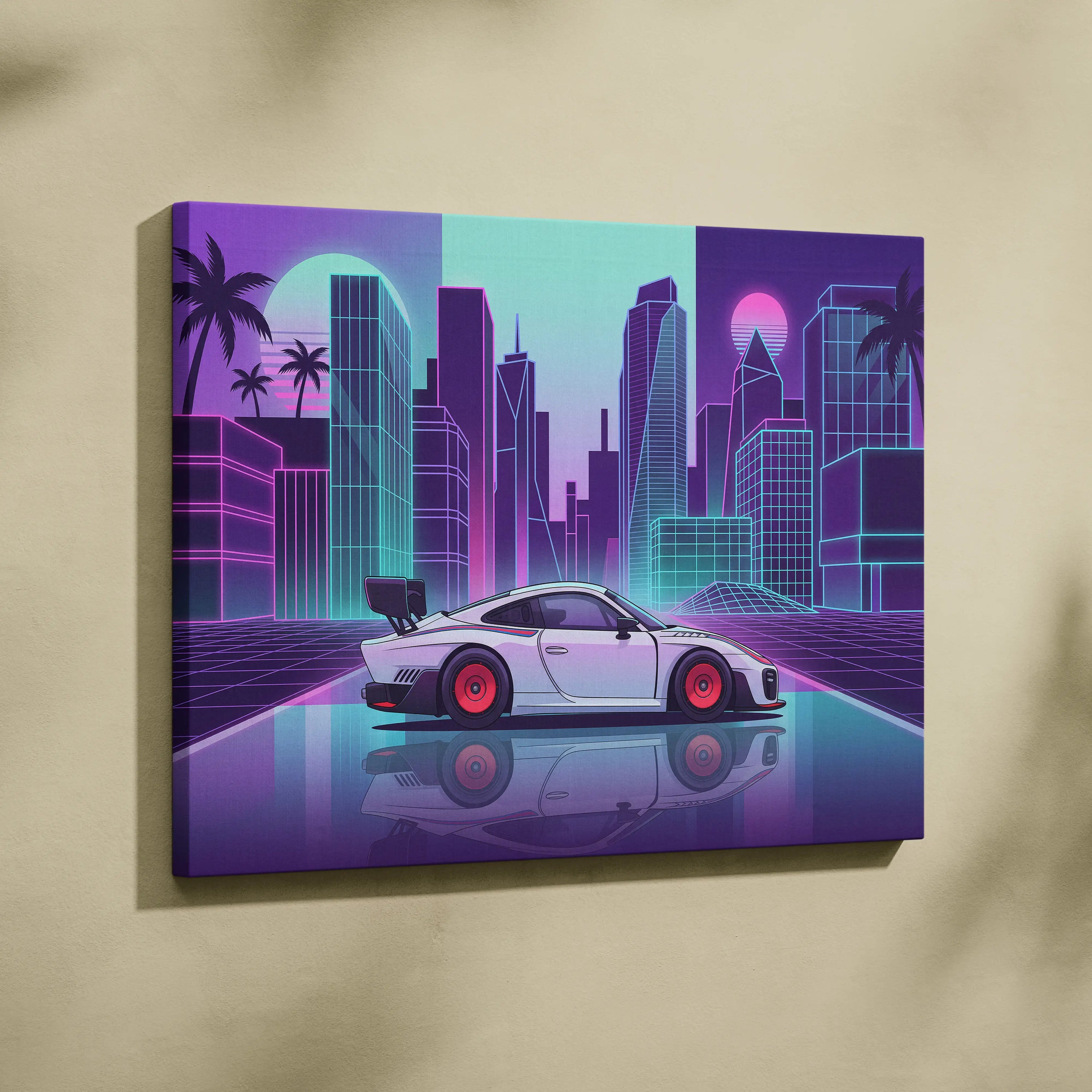 Porsche 935 Inspired White Purple Canvas Wall Art Vaporwave Race Car Artwork Neon City Garage Decor Retro Futuristic Motorsport Print