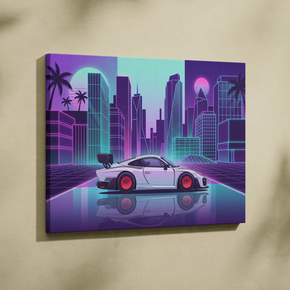 Porsche 935 Inspired White Purple Canvas Wall Art Vaporwave Race Car Artwork Neon City Garage Decor Retro Futuristic Motorsport Print