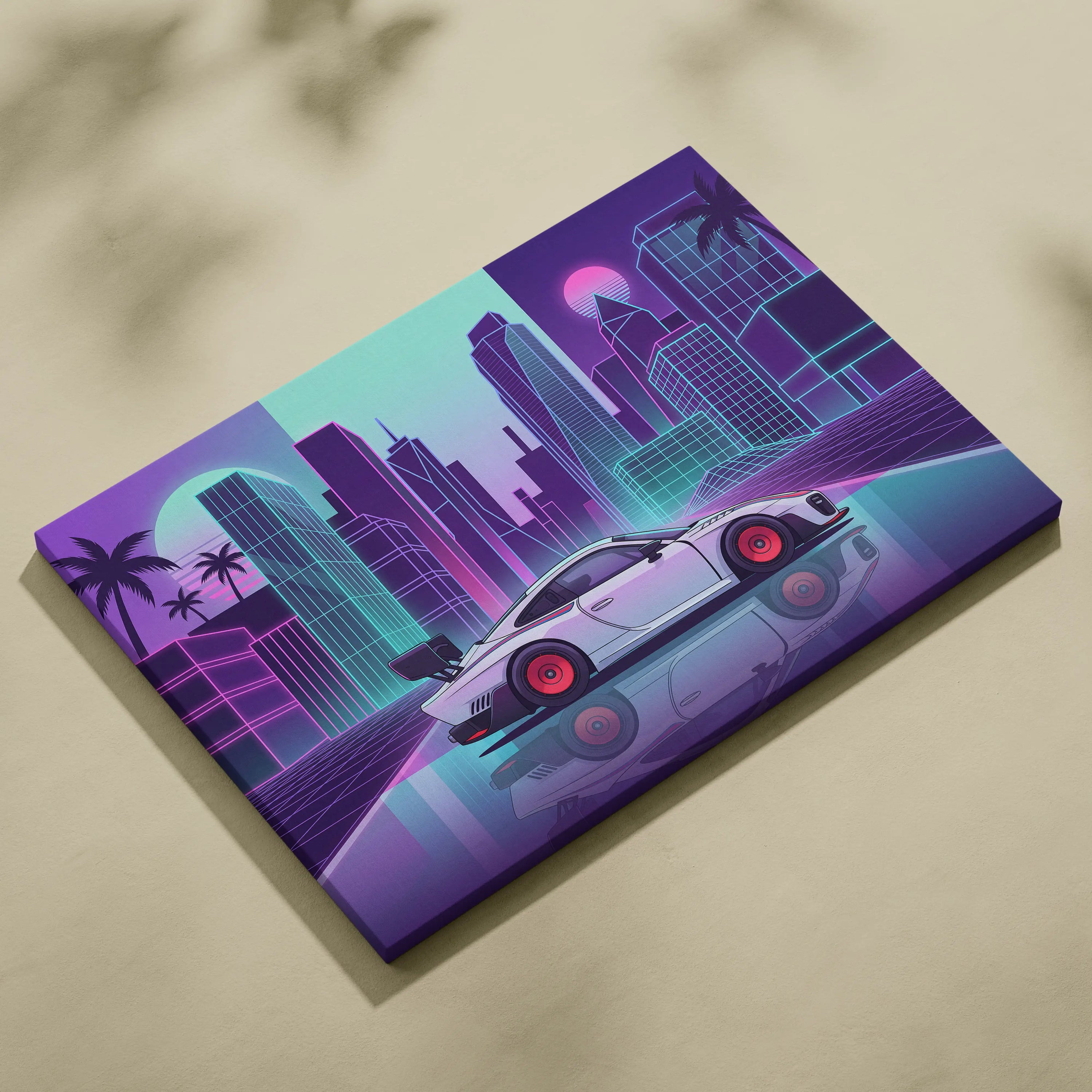 Porsche 935 Inspired White Purple Canvas Wall Art Vaporwave Race Car Artwork Neon City Garage Decor Retro Futuristic Motorsport Print